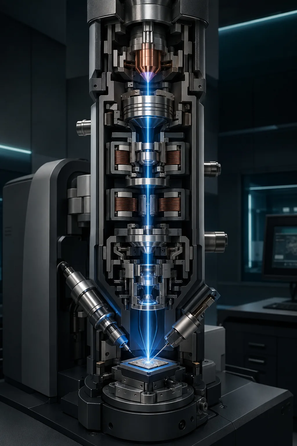 SEM column concept showing electron beam path, lenses, detector, and sample stage